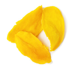 yellow dried mango plate, chips isolated against white background.