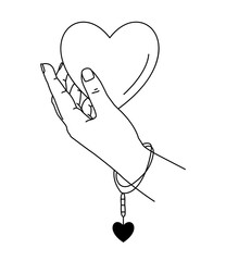 Vector illustration of human hand holding big heart. Hand drawn line art. Holiday valentine's day greeting card. Feminine save the date design element. Love symbol. Woman arm with bracelet
