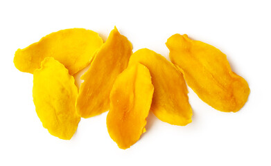yellow dried mango plate, chips isolated against white background.