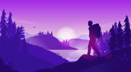 Fototapeta premium Vector landscape with person walking - Backpacker in nature scene with sunrise, hills, water and forest illustration.