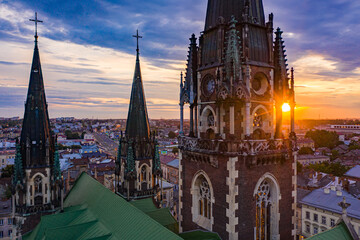 Obraz premium Aerial veiw on Elizabeth church in Lviv, Ukraine from drone. 