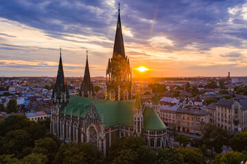Naklejka premium Aerial veiw on Elizabeth church in Lviv, Ukraine from drone. 