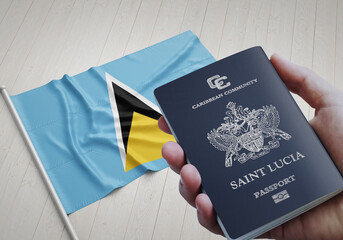 Hand holding a Saint Lucia passport with the country’s flag in the background, citizenship by investment
