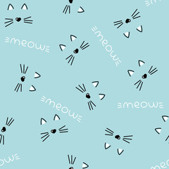 seamless vector pattern with cute cat faces, heart nose. children's, girls', blue background. meow cats pattern with hearts