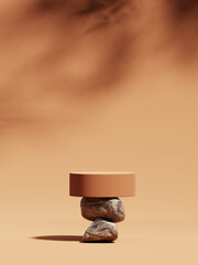 3D podium display on nude beige, background with stone. Brown cosmetic, beauty product promotion rock pedestal with tree shadow.  Natural showcase. Abstract minimal studio 3D render for advertisement