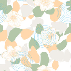 Vector organic seamless abstract background, botanical motif with stylized leaves, flowers and simple geometric shapes. Floral pattern.