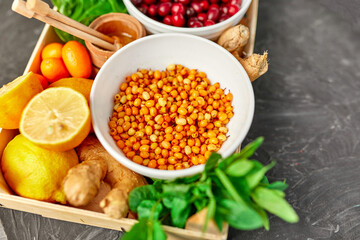 Trendy Virus protection food, coronavirus, immunity concept.