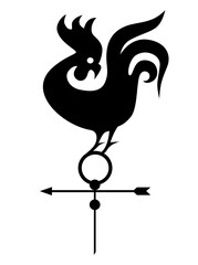 Rooster is weather vane. Silhouette, sign, logo. Illustration