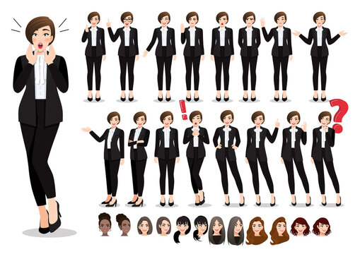 Businesswoman cartoon character pose set. Beautiful business woman in office style black suit. Vector illustration