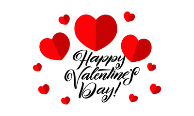 Happy valentines day typography vector design with paper cut red heart shape hot air balloons flying in white background. Vector illustration.