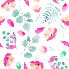 Watercolor spring pink wildflowers, berries, eucalyptus branches and leaves seamless pattern, hand painted on a white background