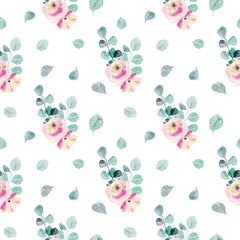 Watercolor tender pink roses, eucalyptus branches and leaves seamless pattern, hand painted on a white background