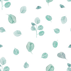 Watercolor eucalyptus branches and leaves seamless pattern, hand painted on a white background