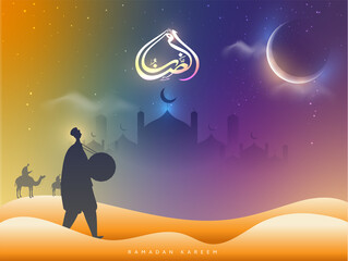 Obraz na płótnie Canvas Arabic Calligraphy Of Ramadan Kareem With Silhouette Man Playing Dhol, Mosque On Gradient Desert Nighttime Background.