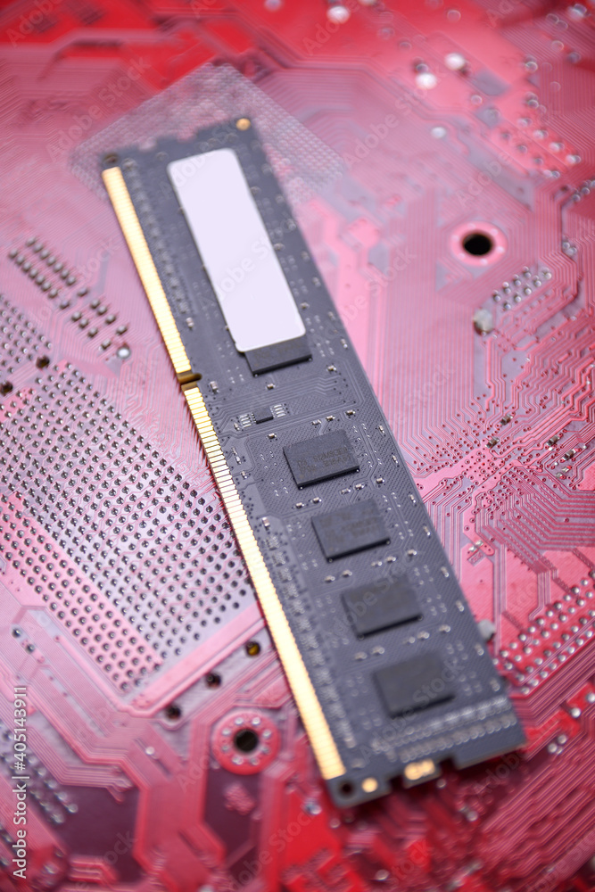 Poster Computer memory RAM on motherboard background . Close up. system, main memory, random access memory, onboard, computer detail. Computer components . DDR3. DDR4. DDR5