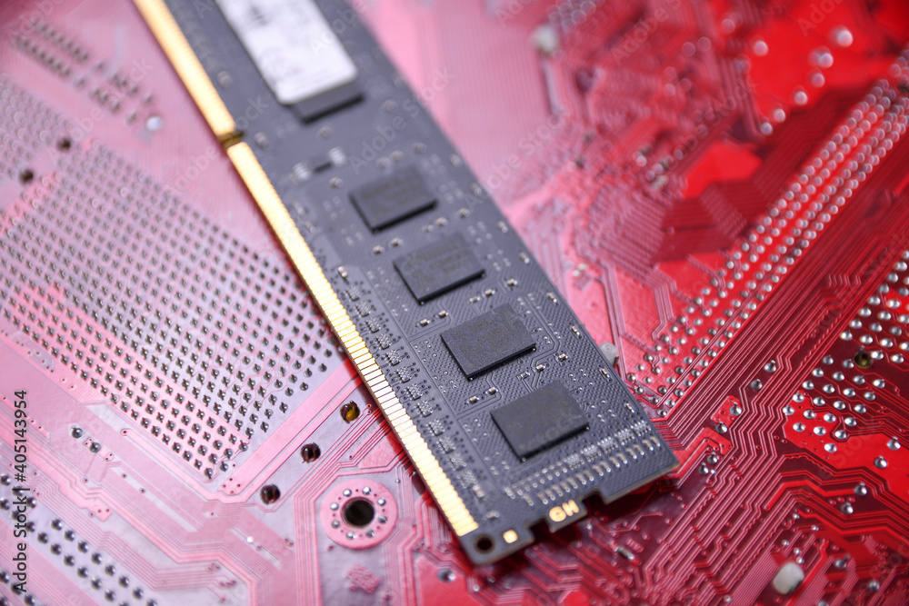 Poster Computer memory RAM on motherboard background . Close up. system, main memory, random access memory, onboard, computer detail. Computer components . DDR3. DDR4. DDR5