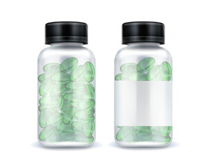 Pills bottle mockup, green medicine capsules, vitamin in transparent pack mock up isolated on white background. Remedy package design elements for medical advertising, Realistic 3d vector illustration