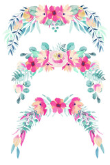 Fototapeta na wymiar Set of watercolor spring floral bouquets and compositions of pink flowers, wildflowers, green leaves, branches and eucalyptus; hand painted isolated illustrations on a white background