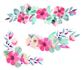 Set of watercolor spring floral bouquets and compositions of pink flowers, wildflowers, green leaves, branches and eucalyptus;  hand painted isolated illustrations on a white background