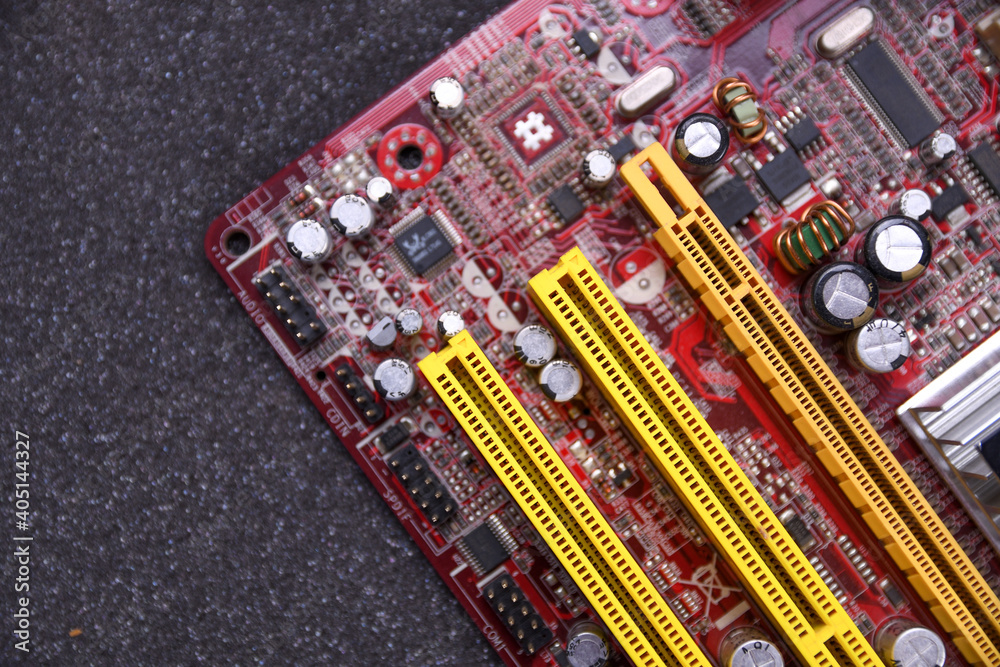 Poster computer motherboard and electronical components cpu gpu memory and different sockets for video card