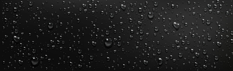 Water droplets on black background. Vector realistic illustration of condensation of steam in shower or fog on wet black surface, clear aqua drops from dew or rain - obrazy, fototapety, plakaty