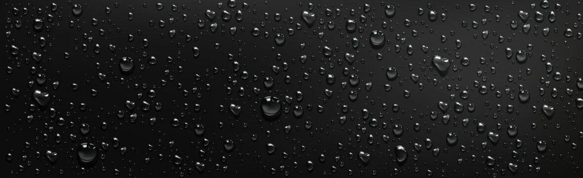 Water droplets on black background. Vector realistic illustration of condensation of steam in shower or fog on wet black surface, clear aqua drops from dew or rain
