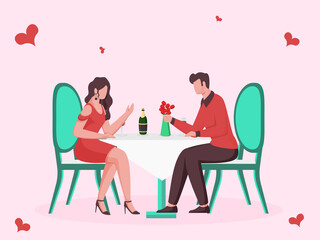 Cartoon Young Couple Dating In Restaurant On Pink Background.