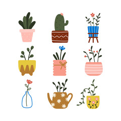 Trendy home decor elements with hygge house indoor potted plants leaves and flowers pot cute draw doodle vector illustration.