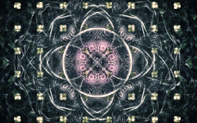 fantastic abstract symmetrical flower with petals consisting of a variety of geometric shapes of different colors on a black background