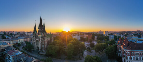 Obraz premium Aerial veiw on Elizabeth church in Lviv, Ukraine from drone. 