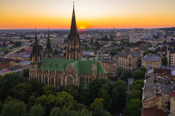 Aerial veiw on Elizabeth church in Lviv, Ukraine from drone. 