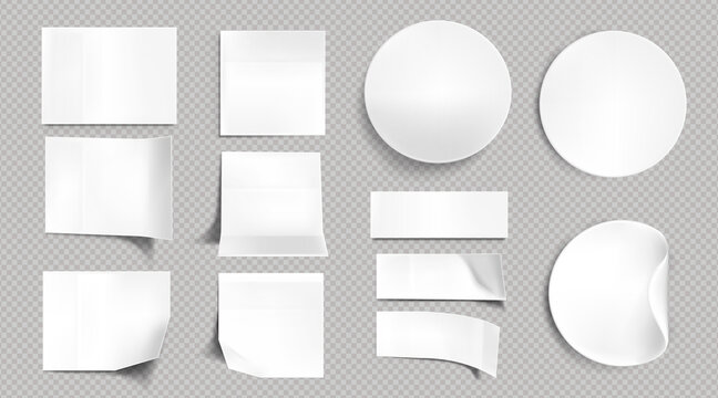 White paper stickers, blank square, round and rectangle sticky notes. Vector realistic set of empty labels with bent and folded corners, adhesive tags isolated on transparent background