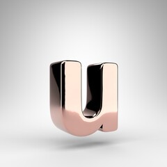 Letter U lowercase on white background. Rose gold 3D letter with gloss chrome surface.