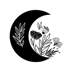 Floral moon logo. Beauty black moon tattoo. Celestial crescent isolated element. Hand drawing