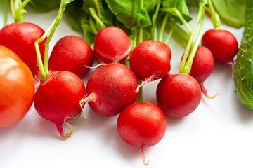 Fresh radish with tops on a white background