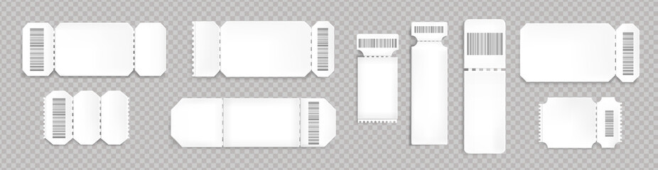 Blank tickets mockup with barcode and dotted line. Empty templates for concert, movie theater and transport boarding. white lottery coupons isolated on transparent background, Realistic 3d vector set