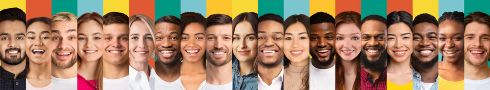 Multicultural People's Faces In A Row Over Colorful Backgrounds, Collage