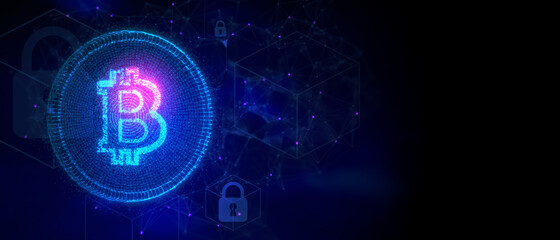 3D Illustration token cryptocurrency Bitcoin gold symbol on future internet cashless currency wallet safe trade on digital online 5G technology blockchain stock market disrupt transform financial bank