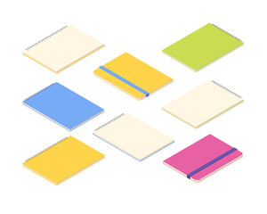 Notebook isometric set. Various paper notepads with spiral and hard cover.