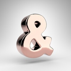 Ampersand symbol on white background. Rose gold 3D sign with gloss chrome surface.