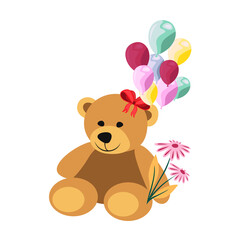 Teddy Bear flat vector illustration. Teddy bear holding baloons valentines day illustration. Cute teddy bear on white background. Valentines Teddy bear.