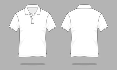 Blank white short sleeve polo shirt template on gray background. Front and back views, vector file.