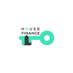 Real estate house finance logo design template with a stylized key. Vector illustration, isolated, real estate agent, firm, loan finance corporation brand identity