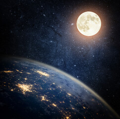 Planet Earth and Moon. View from space to the night sky with stars, the Earth, the Moon. Elements...