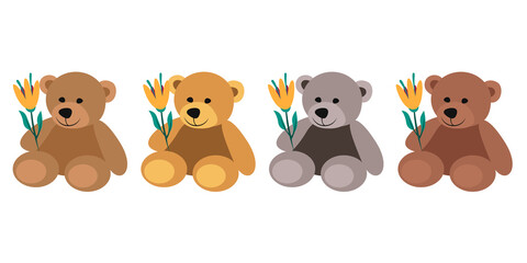 Teddy Bear set flat vector illustration. Teddy bears holding flowers valentines day illustration. Set Cute teddy bear on white background. Valentines Teddy bears.
