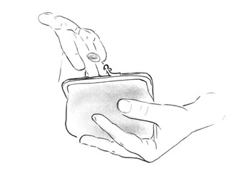 Putting coins in your wallet. Hands close-up.  Black and white sketch