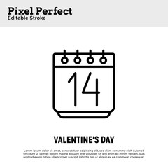 Calendar with 14 February, Valentine's day. Thin line icon. Pixel perfect, editable stroke. Vector illustration.