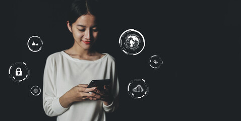 Concept of business women, hands on technology, digital data storage Cloud technology and data exchange around the world.