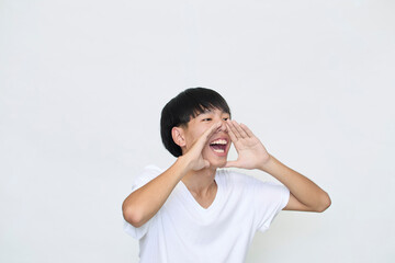 young man holding hands near opened mouth Announcement