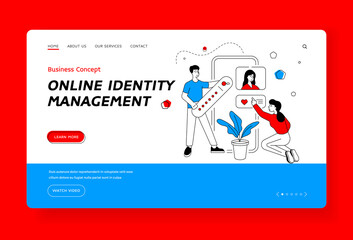 Online identity management landing page banner template. Flat linear vector illustration